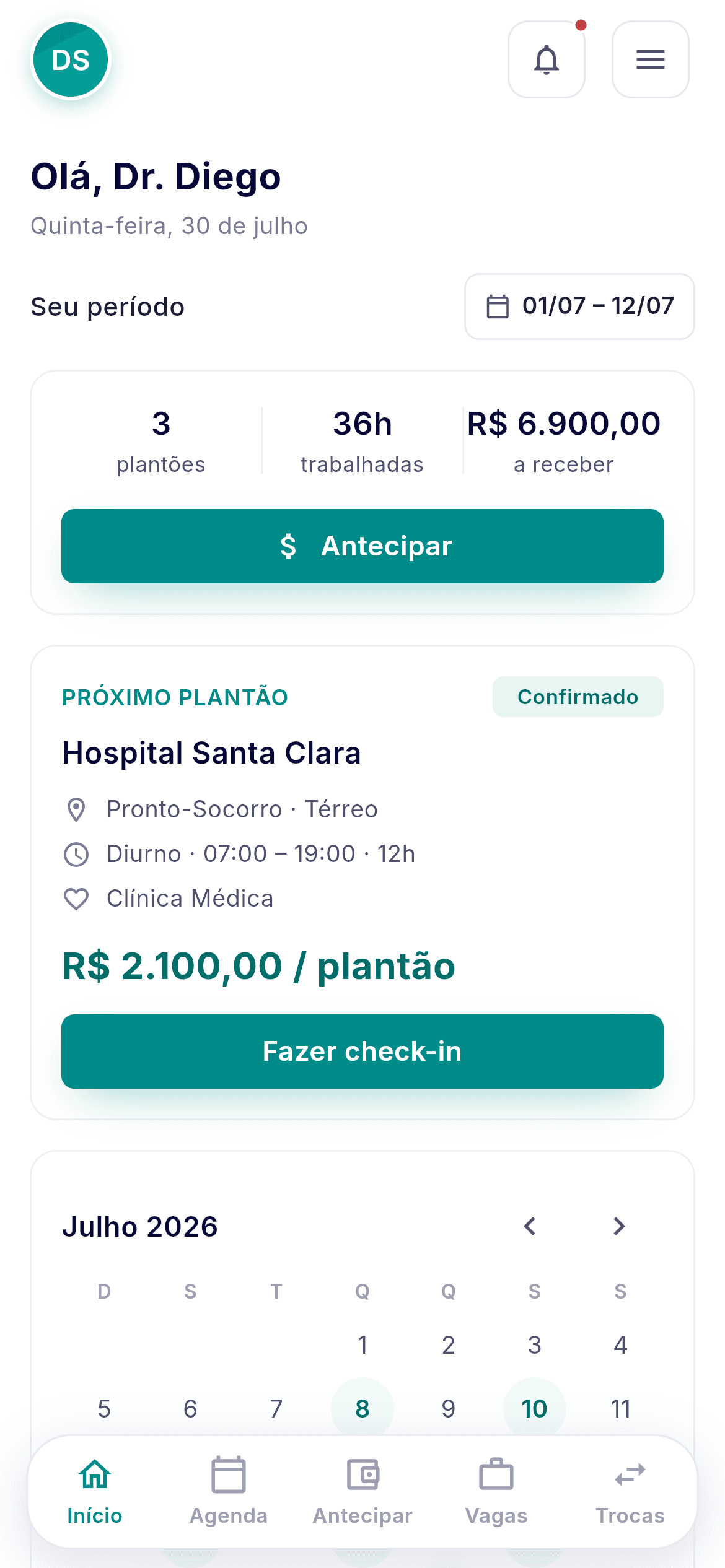 Tela inicial do aplicativo do médico, com três plantões no período, trinta e seis horas trabalhadas, seis mil e novecentos reais a receber e o próximo plantão pronto para check-in.